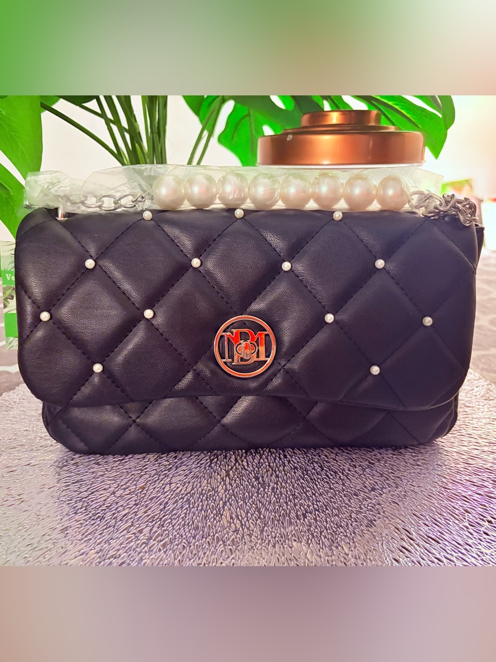 Badgley Mischka Quilted Black Pearl-Stud Shoulder Bag - NWT